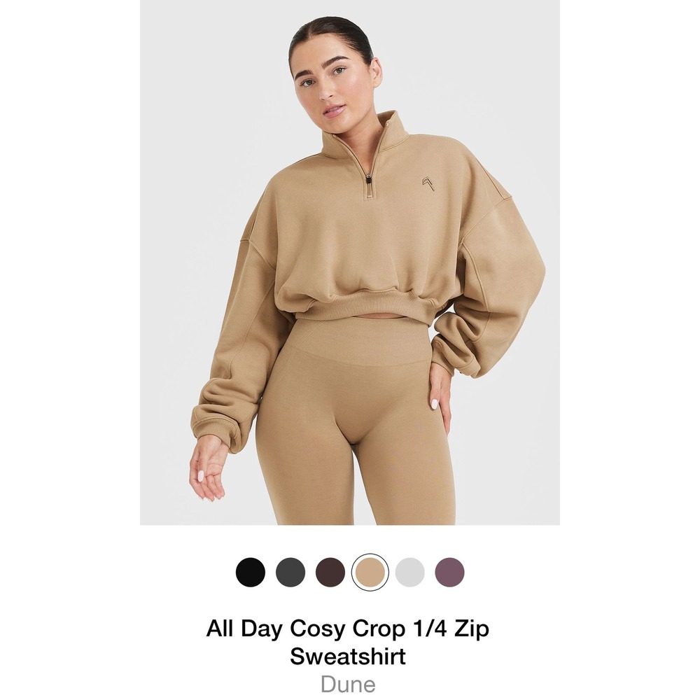 Oner Active All Day Cosy Crop 1/4 Zip Sweatshirt Dune Tan Brown UK M